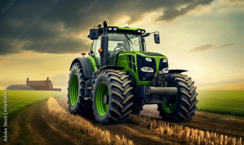 Obraz premium Green Tractor in the Field at Sunrise. Generative ai