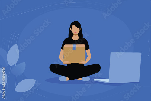 A woman sits cross-legged in front of a laptop, holding a brown package in her hands, representing online shopping or e-commerce.