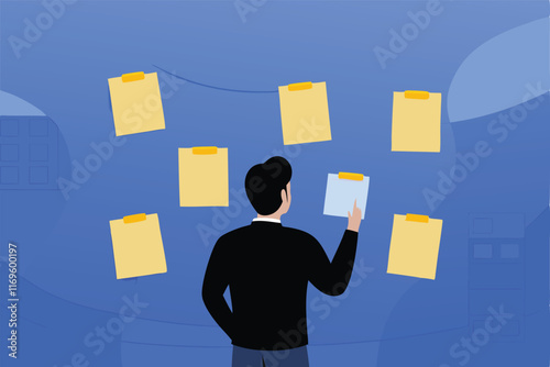 A man in a black suit, standing in front of a blue wall, organizing sticky notes with tasks, deciding on the priority of tasks.