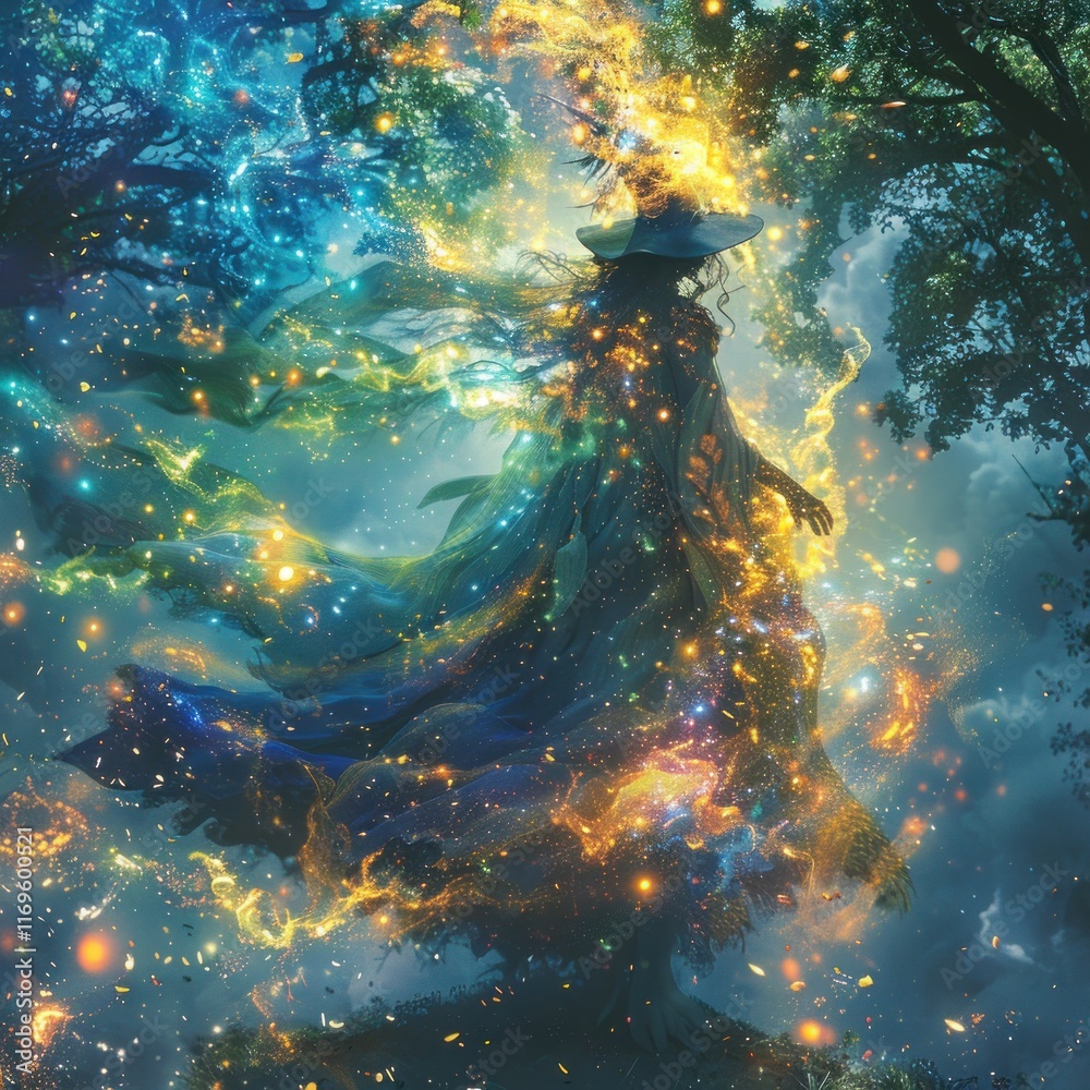 Obraz premium A mystical figure surrounded by vibrant cosmic colors in a forest setting.