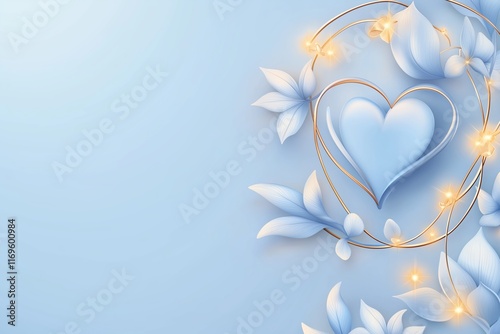 Valentine's Day background. Blue Heart Surrounded by Glowing Floral Elements and Golden Swirls on Light Blue Backdrop. Elegant and Dreamy Design for Romantic and Decorative Themes. AI generated