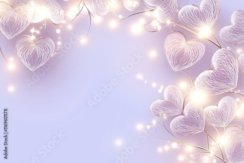 Valentine's Day background. Lace-Like Glowing Hearts and Sparkling Lights on Soft Lavender Gradient. Elegant Romantic Backdrop for Love, Weddings and Celebrations. AI generated