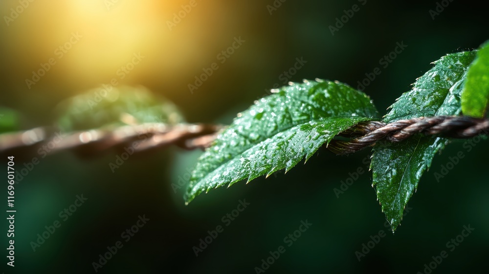 A captivating image of dew-covered green leaves resting on an artistically twisted rope, symbolizing nature’s beauty and the interconnectedness of life. A captivating image of dew-covered green leaves resting on an artistically twisted rope, symbolizing nature’s beauty and the interconnectedness of life.
