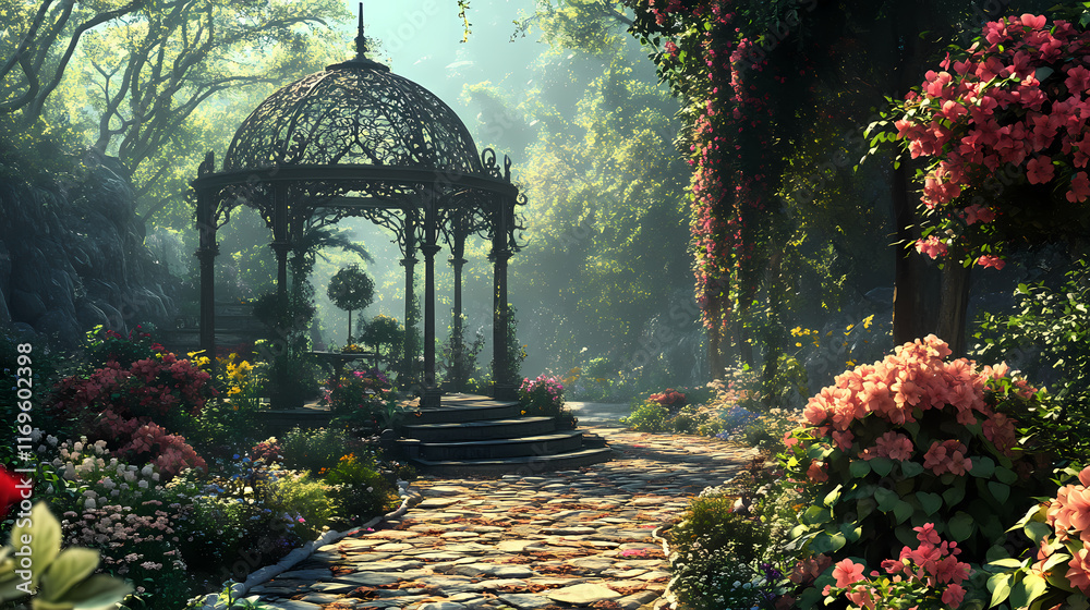 Obraz premium Verdant enchanted garden with victorian wroughtiron gazebo and blooming flowers. Wroughtiron. Illustration