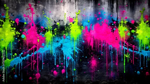 A bold neon paint explosion in pink, blue, and green tones with dripping splashes, set against a dark textured background, creating a striking urban abstract style.