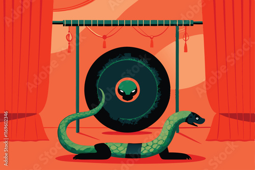 A green snake resting on top of a Chinese gong with red curtains in the background.