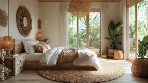 A beautifully designed bedroom interior featuring natural elements with large windows and plant decorations creating a tranquil environment.