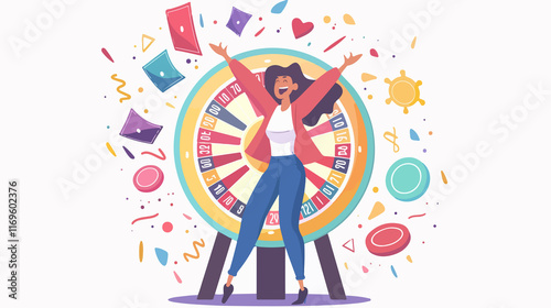 Lucky Woman Character Winning Jackpot Landing Page Template