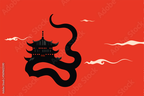 A black snake slithering through clouds of incense smoke, red background.