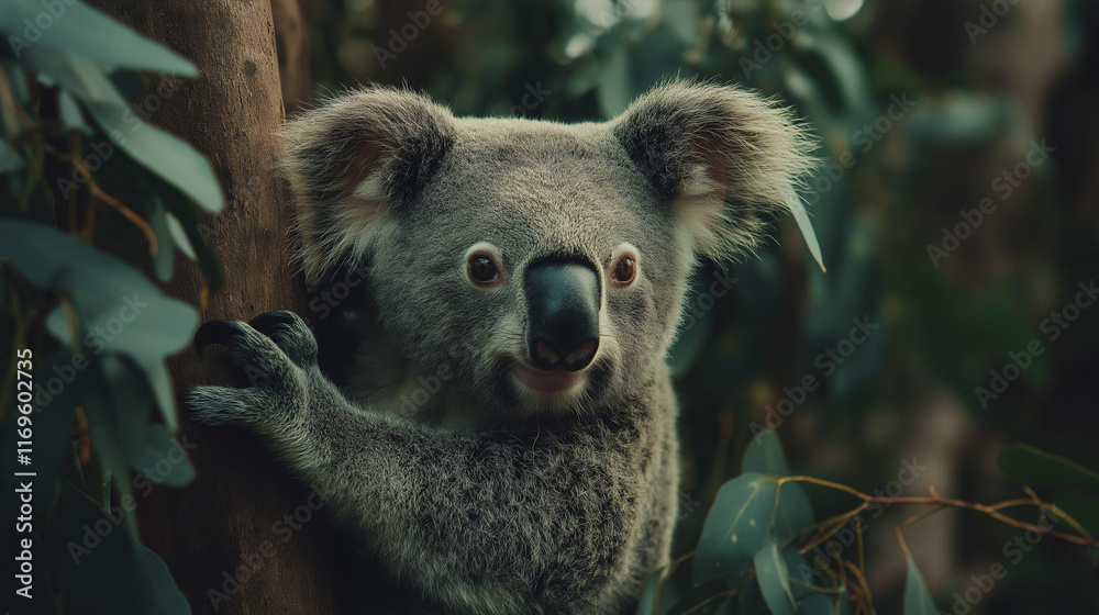 Fototapeta premium Koala sitting on tree surrounded by green leaves, looking at camera