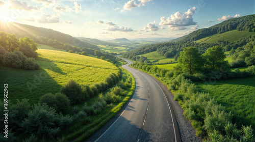 Nachhaltige Mobilität in idyllischer Natur: Straßen bei warmen Sonnenuntergang am Horizont durch kräftig grüne Landschaften für eine saubere Umwelt photo