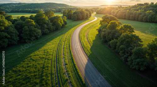 Nachhaltige Mobilität in idyllischer Natur: Straßen bei warmen Sonnenuntergang am Horizont durch kräftig grüne Landschaften für eine saubere Umwelt