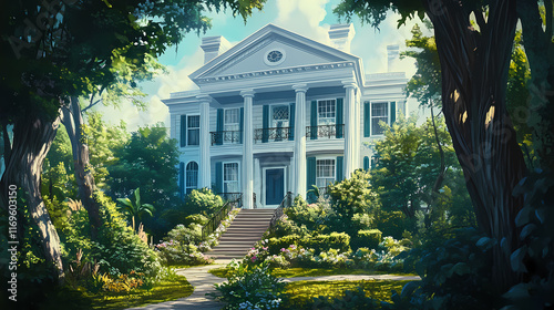 White antebellum mansion with columns and lush green foliage. Wroughtiron. Illustration photo