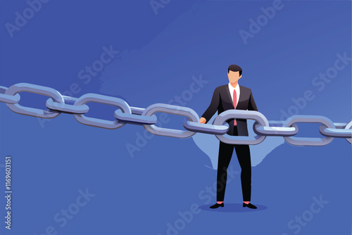 A businessman struggling to hold up a heavy chain, representing the challenges of supply chain management.