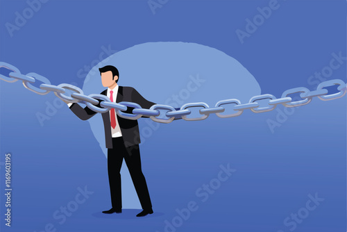 A businessman is holding a large chain, representing the challenges of supply chain management.