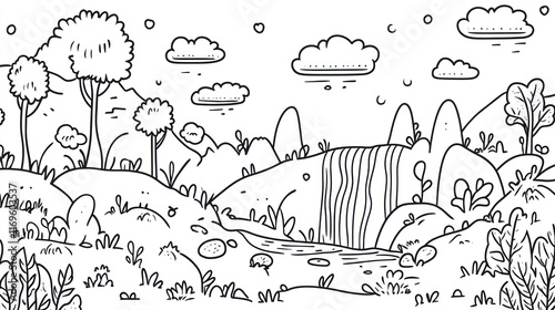 Wallpaper Mural A whimsical black and white landscape drawing featuring a waterfall Torontodigital.ca