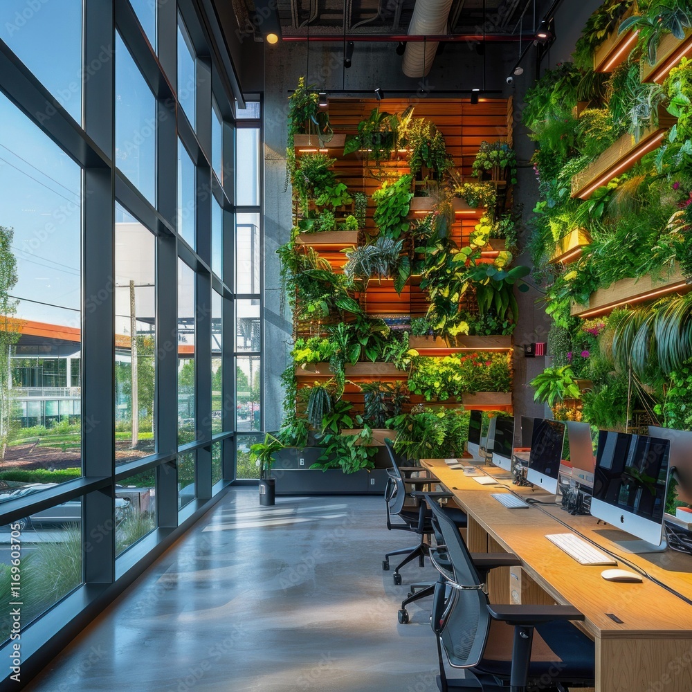 Naklejka premium Spacious Office with Vertical Garden and Modern Workstations. Generative ai