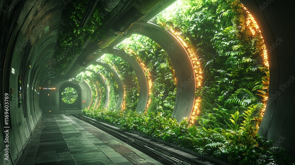 Fototapeta premium A futuristic tunnel against an abstract backdrop, representing green tech evolution and the future's impact, providing an immersive experience through neon glow and 3D visuals, crafted with