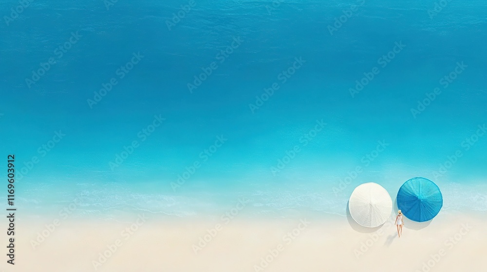 A few umbrellas rest atop a sandy shore beside a tranquil body of water on a radiant day A few umbrellas rest atop a sandy shore beside a tranquil body of water on a radiant day