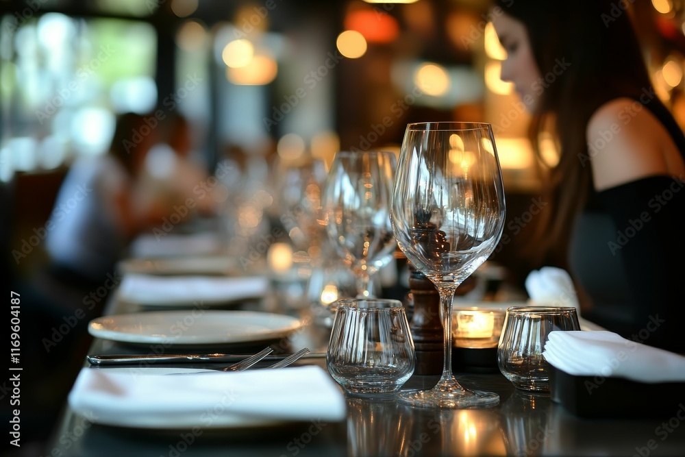 Obraz premium Restaurant table setting; glassware, plates, napkins, candlelight.