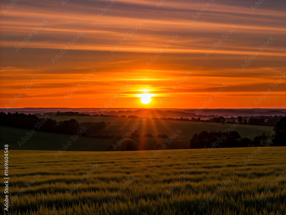 Fototapeta premium Beautiful Sunset Over sea beach and field with colorful aesthetic sky clouds