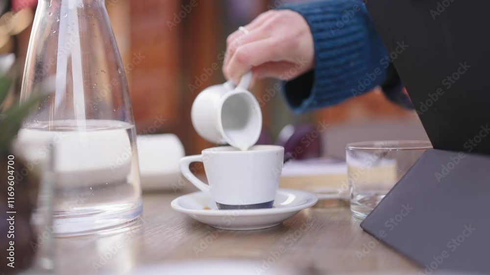 An elegant coffee scene featuring a closeup of a hand pouring cream into a white cup at a caf, creating a delightful moment An elegant coffee scene featuring a closeup of a hand pouring cream into a white cup at a caf, creating a delightful moment