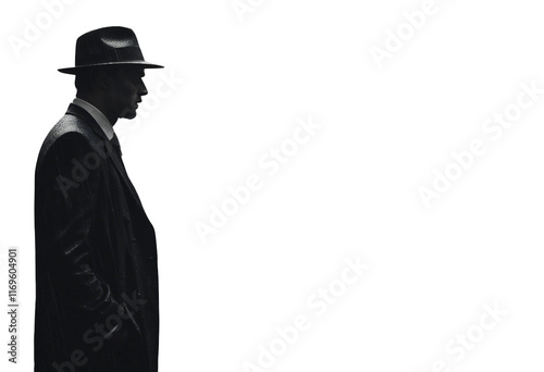 Noir movie gangster male in suit and hat standing under the rain isolated on transparent background side view