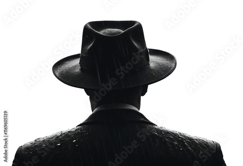 Noir movie back view of 40s gangster wearing hat standing under the rain back view close up isolated on transparent background