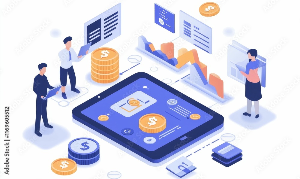 Obraz premium Financial data analysis; people using technology.