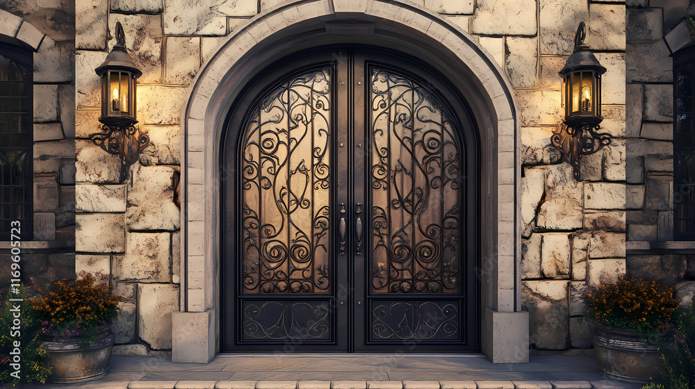 Fototapeta premium Ornate wrought iron double doors with stone archway. Wroughtiron. Illustration