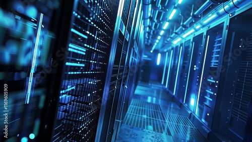 Cybersecurity concept with a bright blue computer network glowing against a dark backdrop, futuristic and secure