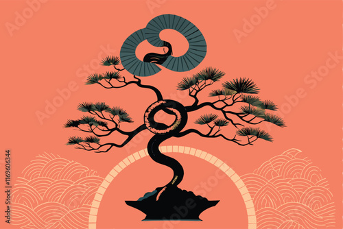 Vector illustration of a black snake spiraling up a bonsai tree against a peach background with an abstract pattern.