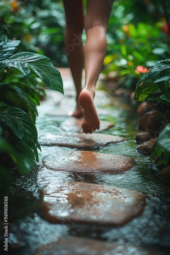 Walking barefoot on stone pathway through lush tropical garden in serene environment