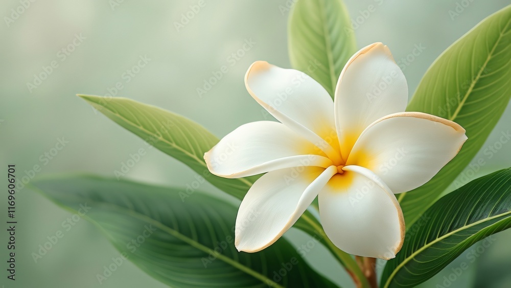 Fototapeta premium Stunning White Plumeria Flower with Lush Green Leaves