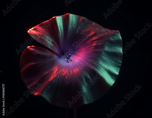 Creative purple, magenta and cyan neon colour of fresh green monstera plant with water drop in the botanical garden on black background. photo