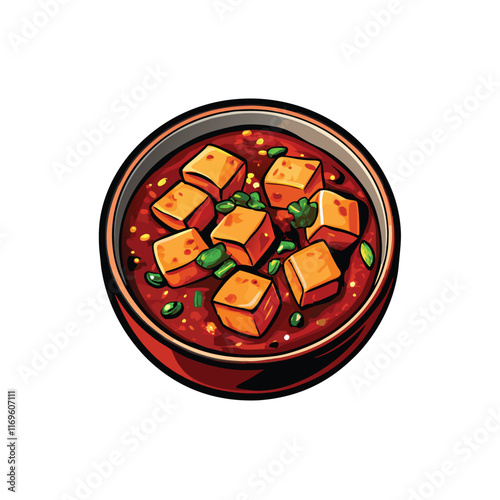 Vector illustration of a bowl of ma po tofu with silky tofu cubes, red sauce, green onions, and a white background.
