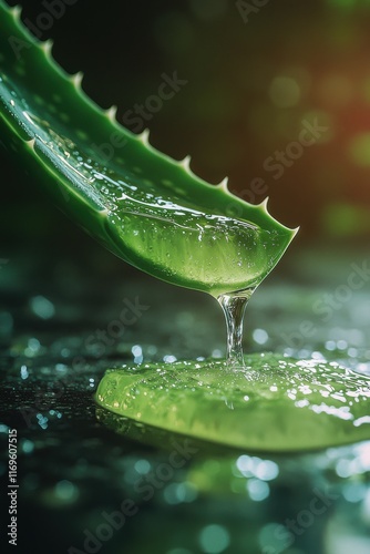 Fresh aloe vera leaf dripping with clear gel, illuminated by gentle light in a natural setting