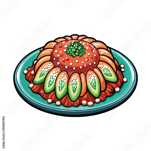 A vector illustration of a colorful platter of cold marinated jellied meat, with green garnish.