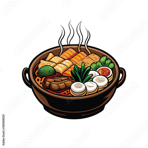 Vector illustration of a hot pot filled with assorted ingredients, including fish, vegetables, and meat.