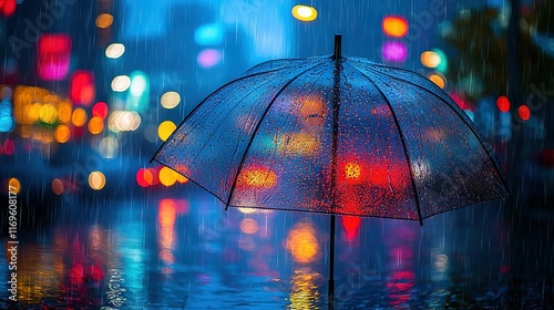 Wallpaper Mural   A person stands in the rain, holding an umbrella against a blurred cityscape backdrop at night Torontodigital.ca