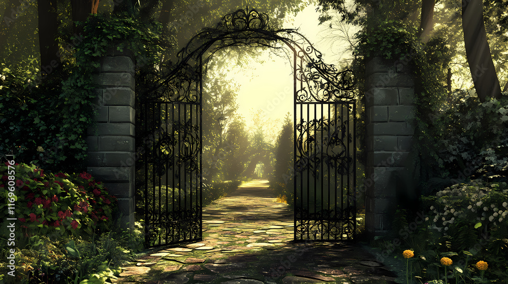 Obraz premium Enchanted garden gate: a mystical path beckons. Wroughtiron. Illustration