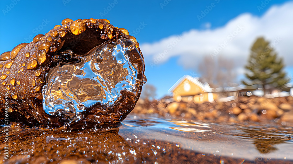Fototapeta premium Close-up of ice on a rock near a house.
