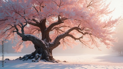 Majestic Pink Blossom Tree in Winter Wonderland