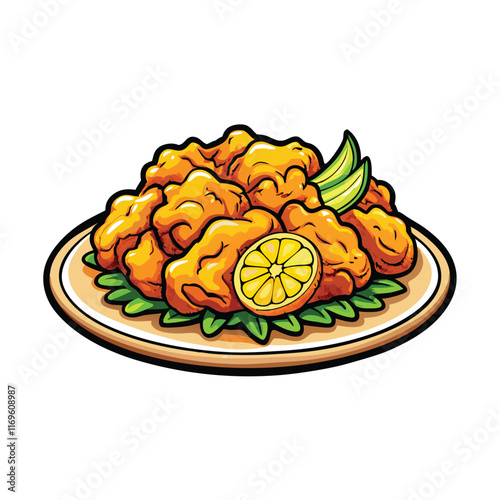 Vector illustration of a plate of crispy lemon chicken with a lemon wedge and green garnish.