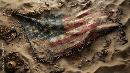 Historic American flag buried in sandy treasure. Generative AI photo