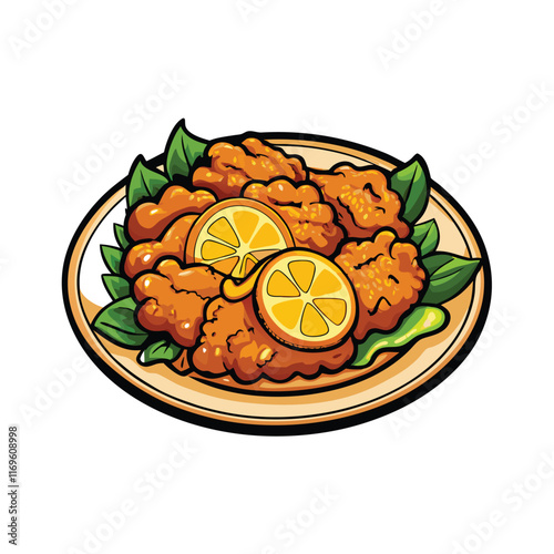 Vector illustration of crispy lemon chicken with lemon slices and leaves on a plate.