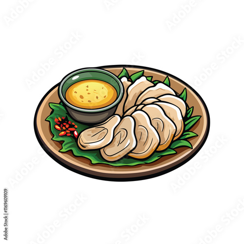A vector illustration of a platter with a serving of cold poached chicken, a bowl of yellow sauce, and green lettuce.
