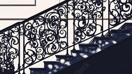 Intricate black iron railing with decorative patterns and shadows. Wroughtiron. Illustration