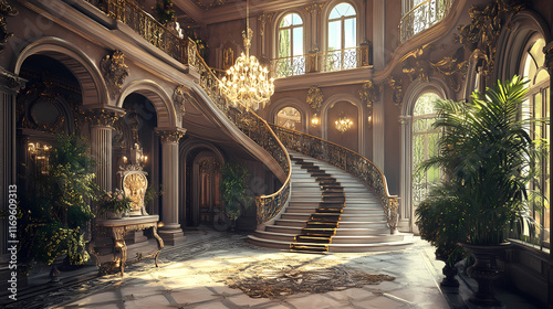 Luxurious grand entrance with ornate staircase and italianate architecture. Wroughtiron. Illustration photo