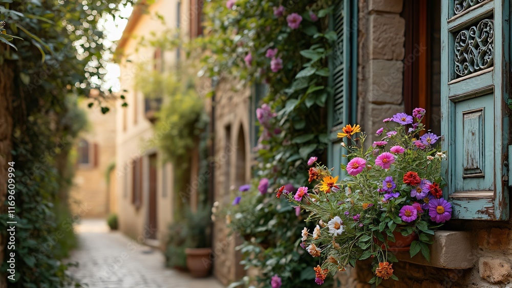 Naklejka premium Vibrant Flowers Blooming on Rustic Window Box in Charming European Alley
